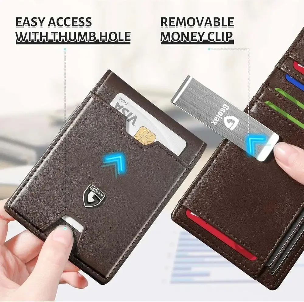 GSOIAX Men's Slim RFID Blocking Leather Wallet with Removable Money‎ Clip and 11